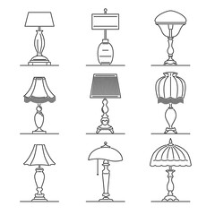 Set of simple vector images of retro table lamps with lampshade drawn in art line style. - 391553606