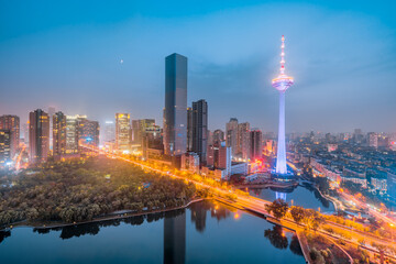 High angle night view of CBD in Shenyang, Liaoning, China