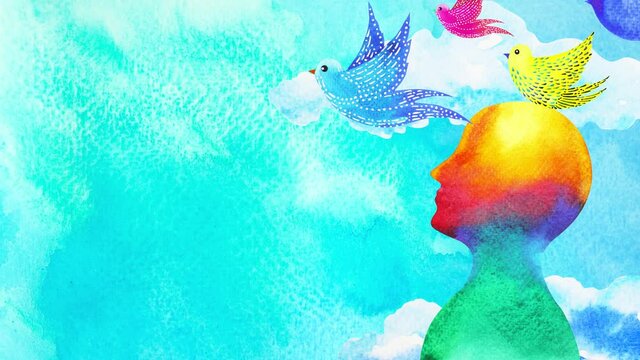 birds flying in blue sky abstract art mind mental health spiritual healing human free freedom feeling watercolor painting illustration design drawing stop motion ultra hd 4k animation