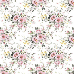 Abstract seamless floral pattern painted flowers and herbs. Beautiful print for your decor and textile design. Sketching with paints on paper delicate light flying flowers.