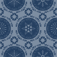 Seamless pattern christmas theme. Pretty mandalas and Frieze around with angels. Snowflakes, hearts and spirals. Color blue.