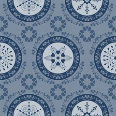 Seamless pattern christmas theme. Pretty mandalas and Frieze around with angels. Snowflakes, hearts and spirals. Color blue.