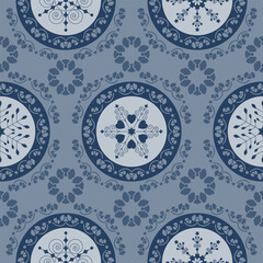 Seamless pattern christmas theme. Pretty mandalas and Frieze around with angels. Snowflakes, hearts and spirals. Color blue.