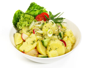Potato Salad with Cucumber and Radish in a Bowl on white Background - Isolated