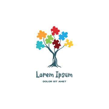 Tree with colorful puzzle leaf creative logo template