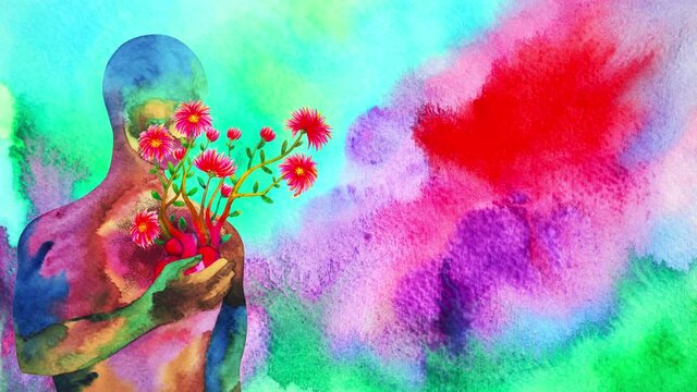 human red heart healing flower flow in universe love spiritual mind mental health chakra power abstract soul art watercolor painting illustration design drawing stop motion ultra hd 4k animation