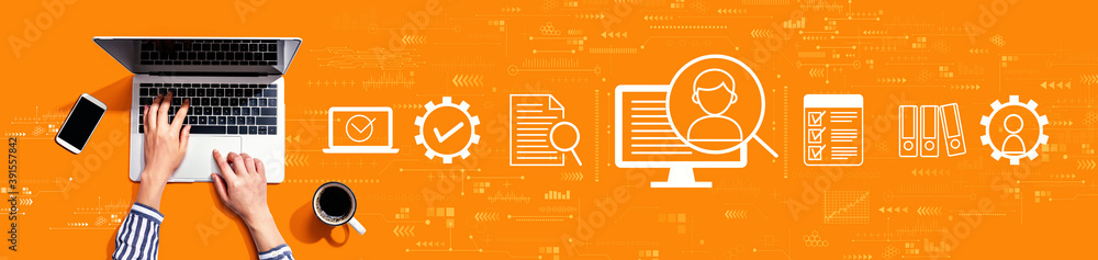 Poster document management system concept with person using a laptop computer