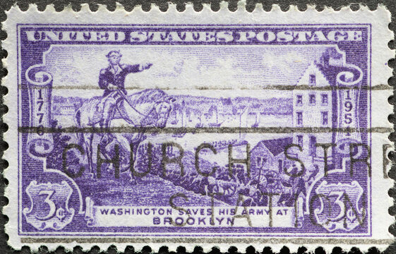 USA - Circa 1951 : a postage stamp printed in the US showing historic pictures of the Battle of Brooklyn. Text: Washington Saves His Army at Brooklyn