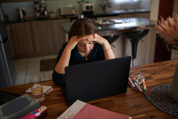 Stressed frustrated teenage woman student tired of study work online