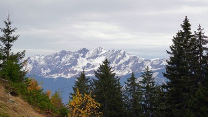 beautiful view in the morning to the snow capped alps in austria in autumn