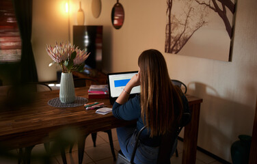 Rear view of young teenage schoolgirl doing online homework golden hour