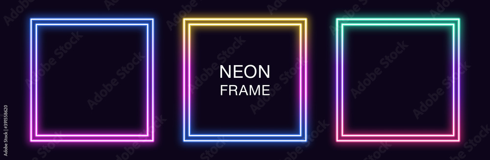 Poster gradient neon square frame. vector set of quadrate neon border with double outline