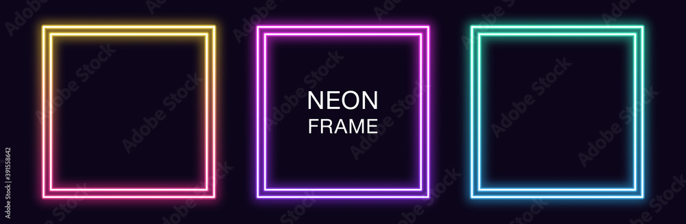 Poster gradient neon square frame. vector set of quadrate neon border with double outline