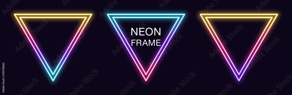 Poster gradient neon triangle frame. vector set of triangular neon border with double outline