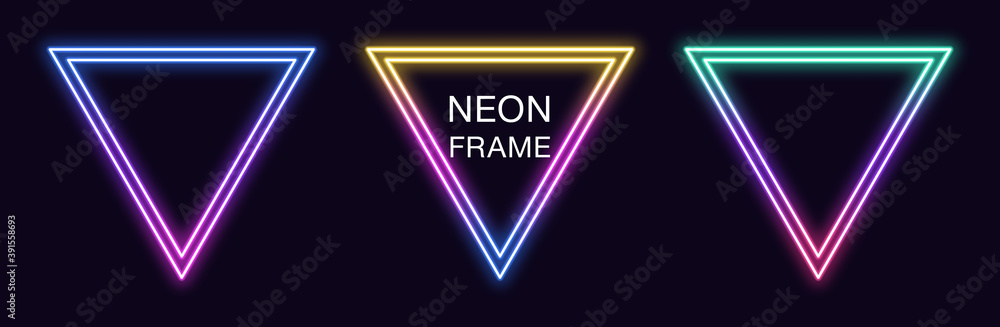 Poster gradient neon triangle frame. vector set of triangular neon border with double outline