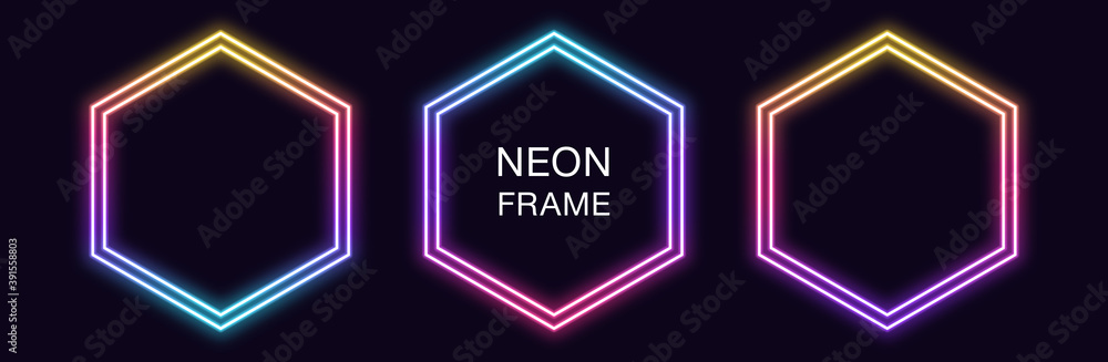 Poster gradient neon hexagon frame. vector set of hexagonal neon border with double outline