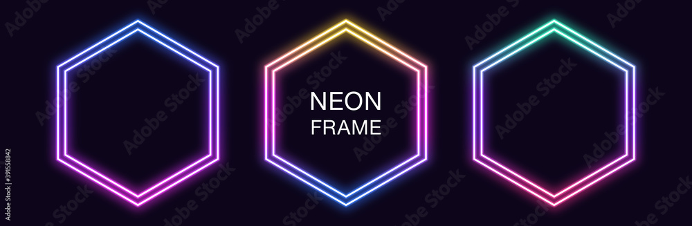 Poster gradient neon hexagon frame. vector set of hexagonal neon border with double outline