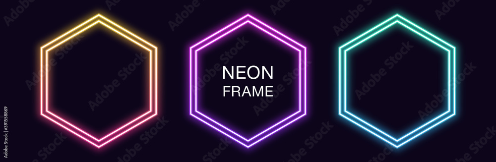 Poster gradient neon hexagon frame. vector set of hexagonal neon border with double outline