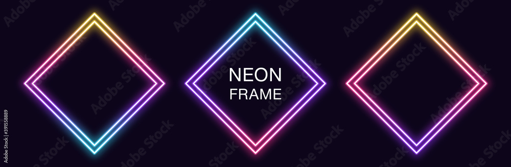 Poster gradient neon rhomb frame. vector set of rhombus neon border with double outline
