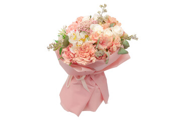 Bouquet of  soft pink flowers in pink wrapping paper.