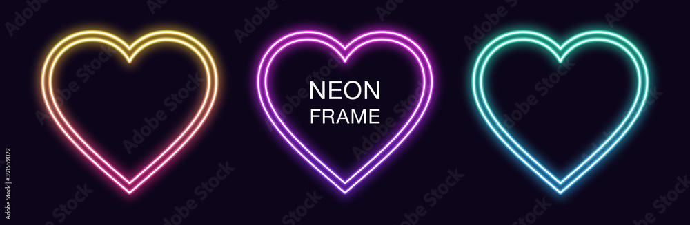 Poster gradient neon heart frame. vector set of romantic neon border with double outline