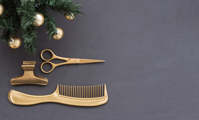 Banner with hairdressing tools in gold color and a Christmas tree on a dark gray background. Holiday template with hair salon accessories with space for text