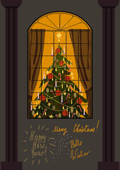 Vertical Christmas card in warm traditional colors, with the words "Happy New Year", "Merry Christmas" and "Hello Winter". Vector New Year's illustration.