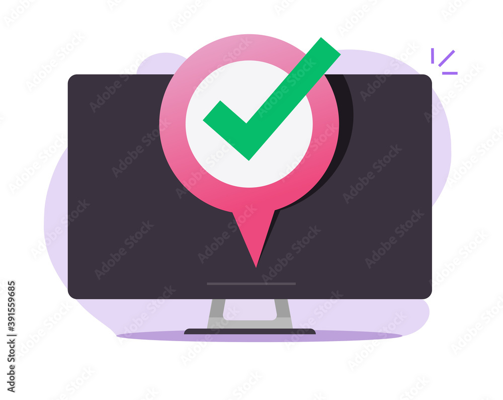 Poster gps pointer map marker on computer device screen online icon vector, concept of online positioning o