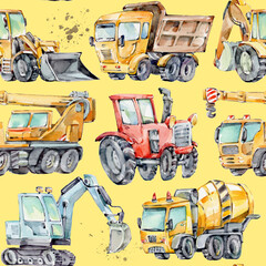 Watercolor seamless pattern with colorful little toy cars. Trucks and Cars Watercolor Background for Kids. Red tractor, Excavator, Digger machine, Building machines, Concrete Mixer.