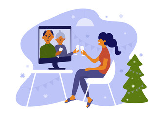 Young woman and her parents celebrate Christmas or New year use computer. Seniors and daughter make online video call on holidays. Virtual talk of elderly people and girl. Family vector illustration