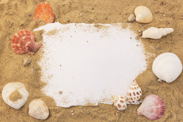 The blank paper concept for text with frames adorned with shells on a sandy background. design for banner,mockup and advertising.