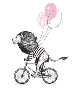 Cool Lion Wearing Stripped T-shirt Rides Bicycle with Balloons Vector Illustration. Vintage Mascot Cute Lion Cycle Bike Isolated on White. Happy Birthday Animal Character Black and White Sketch. Flat