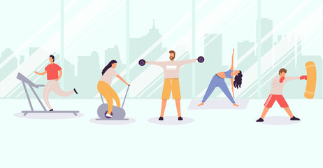 People exercising at gym, men and women exercising in city view, training and sport activity vector flat illustration
