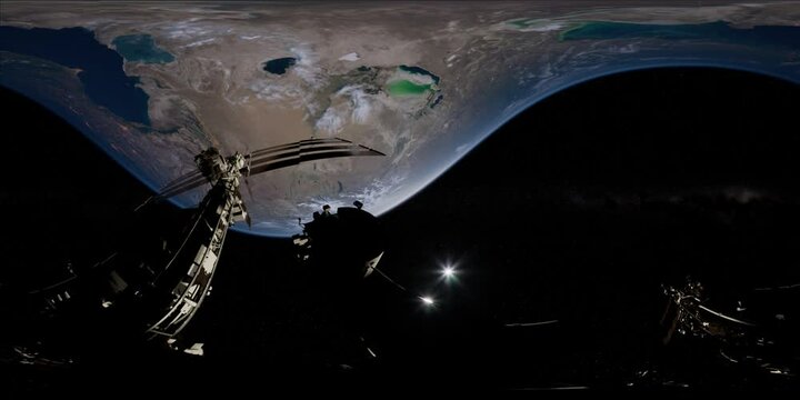 Timelapse ISS in virtual reality 360 degree video. International Space Station Orbiting Earth. Elements of this image furnished by NASA