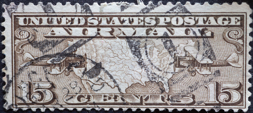 USA - Circa 1926 : a postage stamp printed in the US showing U.S. Map and Mail Planes.