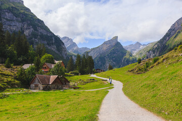 Seealpsee Switzerland Appenzeller Alps, houses, alm, hoher kasten, säntis, lake