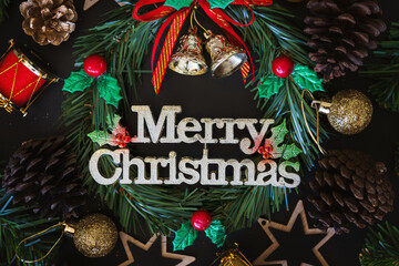 Fototapeta na wymiar christmas and happy new year background with festive decoration and copy space. top view. flat lay