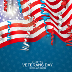 Happy Veterans Day. Honoring all who served. American flag cover. USA National holiday design concept with falling ringlets and confetti. Vector illustration.
