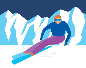 Skier downhill skiing, extreme sport concept, downhill skiing, flat vector stock illustration with extreme sport, activity