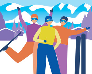 Fototapeta premium Friends at ski resort as happy skiers concept, flat vector stock illustration with people on travel