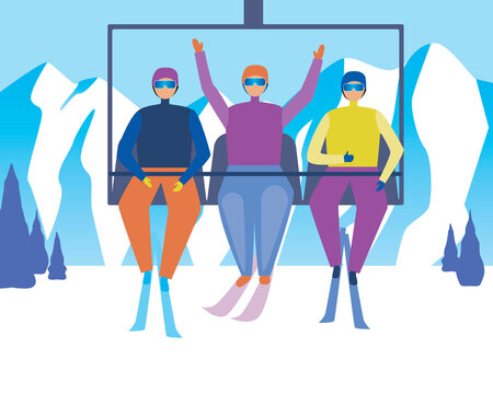 Ski lift with people, concept of extreme sport, downhill skiing, flat vector stock illustration with happy skiers at ski resort