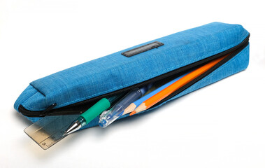 Fototapeta school pencil case with pens and pencils obraz