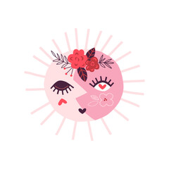 Boho celestial sun and moon day night character in floral wreath with cute face vector illustration for kids design 