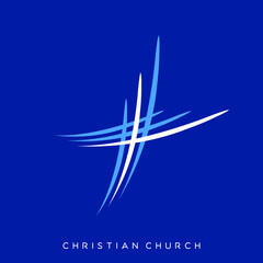 Cross symbol.Hand drawn vector logo.Decorative religious shape.Christian sign.Faith church element isolated on blue background.Lines design.Modern, clean style.