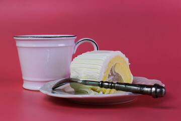 Coconut Cake with Hot Coffee, Pink background