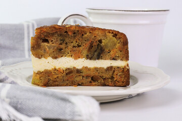 Close up Carrot Cake with Hot Latte , Pink Background