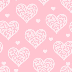 Fototapeta na wymiar Lacy hearts seamless pattern. Abstract decoration for the holiday. Vector simple flat illustration. Festive pink background for valentine's day.