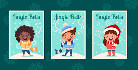 Set of three Merry Christmas greeting cards with cute cartoon children singing carols Jingle Bells song in vintage style. Xmas Singers. Vector flat illustration