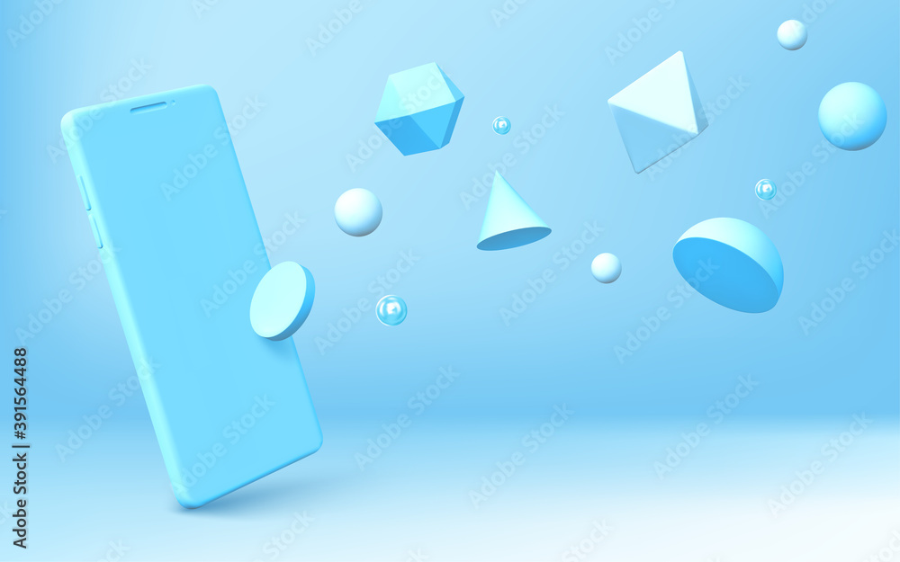 Poster abstract background with realistic smartphone mockup and geometric 3d shapes scatter on blue backdro