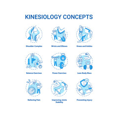 Kinesiology concept turquoise icons set. Aerobics exercise. Sports workout. Human body movement. Health care idea thin line RGB color illustrations. Vector isolated outline drawings. Editable stroke - obrazy, fototapety, plakaty